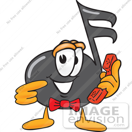 #33411 Clip Art Graphic of a Semiquaver Music Note Mascot Cartoon Character Holding a Telephone by toons4biz