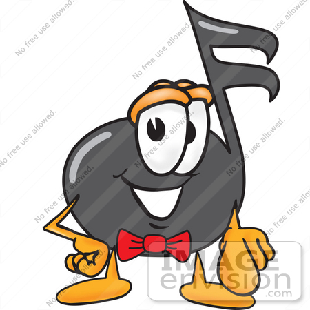 #33412 Clip Art Graphic of a Semiquaver Music Note Mascot Cartoon Character Pointing at the Viewer by toons4biz