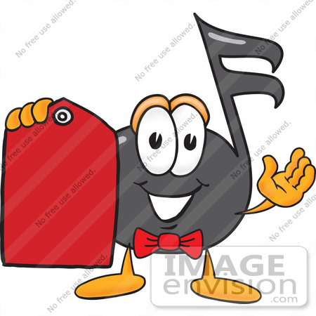 #33419 Clip Art Graphic of a Semiquaver Music Note Mascot Cartoon Character Holding a Red Sales Price Tag by toons4biz