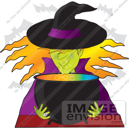 #33421 Clipart of a Warty Female Witch With Green Skin, Wearing A Black Hat With Purple Rim And Coat, Looking At Her Colorful Cauldron Of Potion As Vampire Bats Fly Above by Maria Bell