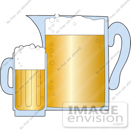 #33435 Clipart of a Large Pitcher Of Beer Beside A Tall Mug Of Frothy Brew In A Bar by Maria Bell