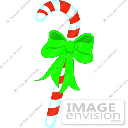 #33437 Clipart of a Striped Red And White Peppermint Candy Cane With A Bright Green Christmas Bow by Maria Bell