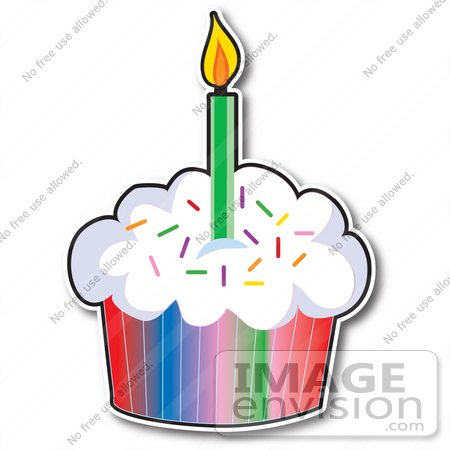 #33439 Clipart of a First Birday Cupcake With Rainbow Paper, Sprinkled Frosting And One Candle by Maria Bell