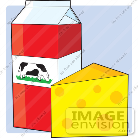 #33441 Clipart of a Tall Milk Carton With A Cow Grazing In A Pasture On It, Beside A Wedge Of Swiss Cheese by Maria Bell