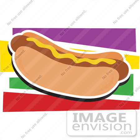 #33450 Clipart of a Mustard Topped Hot Dog In A Bun Over A Colorful Background by Maria Bell