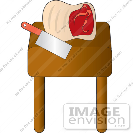 #33453 Clipart of a Slab Of Blood Red Meat On A Butcher Block With A Knife by Maria Bell