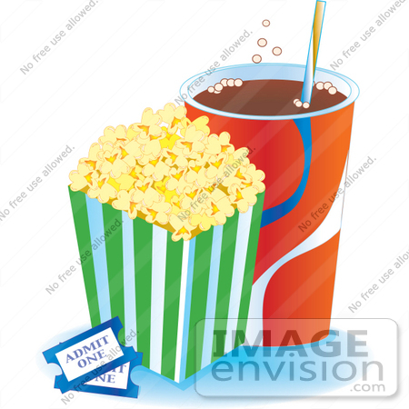 #33456 Clipart of a Container Of Buttered Popcorn With Fizzy Soda And Two Movie Tickets by Maria Bell