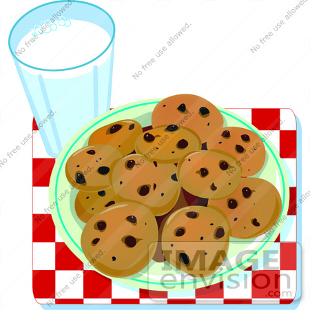 #33459 Clipart of a Plate Stacked With Chocolate Chip Cookies And Milk, Perhaps For A Santa Snack by Maria Bell