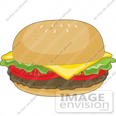#33464 Clipart of a Cheesy Hamburger On A Sesame Seed Bun by Maria Bell