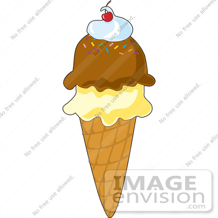#33465 Clipart of a Waffle Cone Topped With Scoops Of Chocolate And French Vanilla Ice Cream, A Dollop Of Whipped Cream And A Cherry by Maria Bell