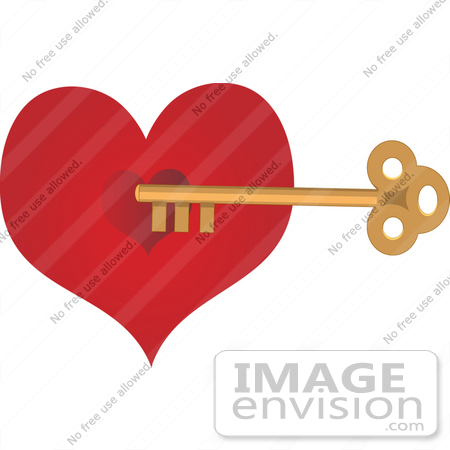 #33472 Clipart Of A Deep Red Heart Being Unlocked By A Skeleton Key by Maria Bell