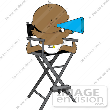 #33485 Clipart Of A Cute Black Baby In A Diaper, Giving Bossy Directions Through A Megaphone Cone While Sitting In A Director’s Chair by Maria Bell
