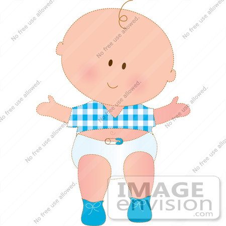 #33489 Clipart Of A Baby Boy With One Strand Of Curly Hair, Wearing A Blue Shirt, Shoes And Diaper by Maria Bell