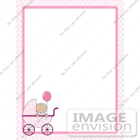 #33490 Clipart Of A Baby Girl In A Pink Carriage, Holding Onto A Balloon, In The Lower Left Corner Of A Stationery Border by Maria Bell