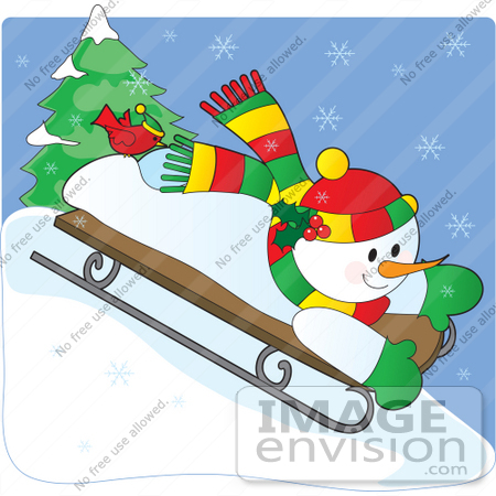 #33492 Christmas Clipart Of A Cute Red Bird Seated On A Snowman’s Foot As They Go Sledding Downhill by Maria Bell