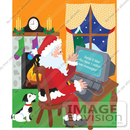 #33493 Christmas Clipart Of A Cute Puppy Dog Waiting For Attention As Santa Answers His Emails On A Computer by Maria Bell