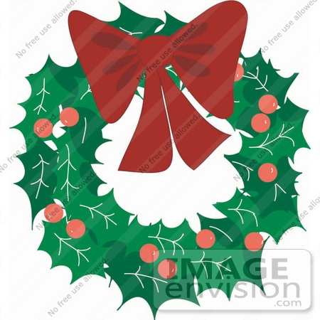 #33499 Christmas Clipart Of A Holly Berry And Leaf Wreath With A Red Bow by Maria Bell