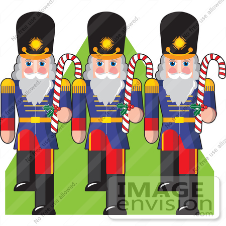 #33501 Christmas Clipart Of A Marching Group Of Three Toy Soldiers With Peppermint Candy Canes by Maria Bell