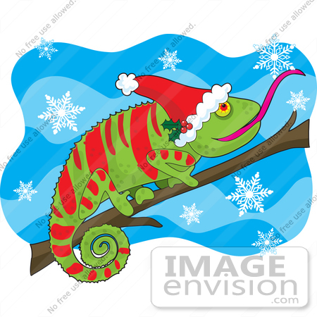 #33502 Christmas Clipart Of A Festive Green Chameleon Lizard With Red Stripes Matching His Santa Hat, Catching Snowflakes While Resting On A Branch by Maria Bell