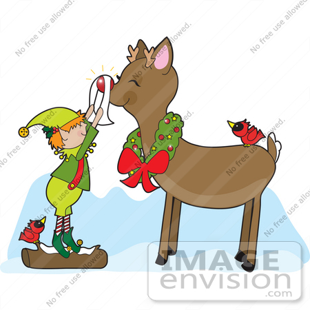#33504 Christmas Clipart Of A Red Cardinal Bird Resting On The Back Of Rudolph As An Elf Shines His Nose by Maria Bell
