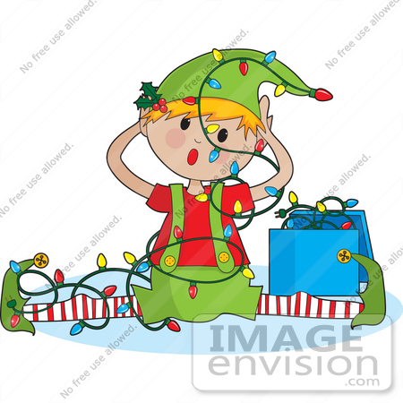 #33511 Christmas Clipart Of An Annoyed Elf Tangled In Christmas Lights After Falling And Doing The Splits by Maria Bell