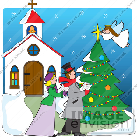 #33512 Christmas Clipart Of A Man And Woman Singing Otuside A Church While An Angel Topps A Christmas Tree With A Star by Maria Bell