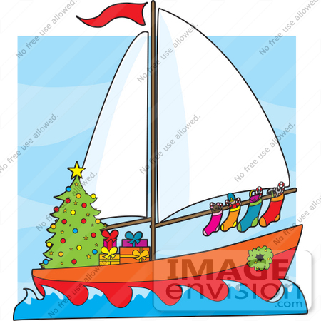 #33513 Christmas Clipart Of A Festive Sailor’s Boat With A Christmas Tree, Gifts, Wreath And Stocking, Sailing At Sea by Maria Bell