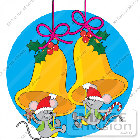 #33514 Christmas Clipart Of A Two Cute Mice Wearing Santa Hats And Swinging From Golden Jingle Bells by Maria Bell