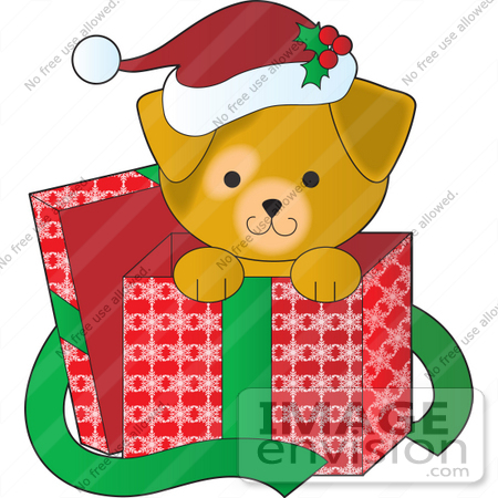 #33515 Christmas Clipart Of A Cute Puppy Wearing A Santa Hat, Peeking Out From A Gift Box by Maria Bell