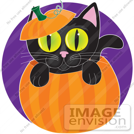 #33524 Clipart Of A Black Cat With Yellow Eyes, Climbing Out Of A Pumpkin by Maria Bell