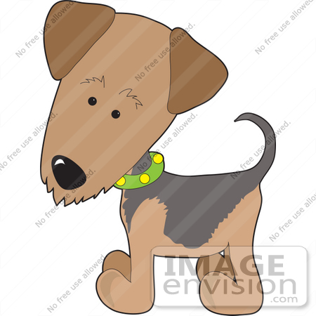 #33527 Clip Art Graphic of a Curious Waterside Terrier Puppy Dog Wearing A Green Collar And Tilting Its Head Curiously by Maria Bell