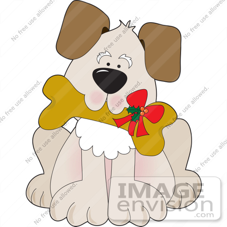 #33531 Clip Art Graphic of an Adorable Puppy Dog Carrying A Doggy Biscuit With A Christmas Bow In His Mouth by Maria Bell