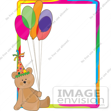 #33535 Clipart of a Birthday Party Bear Wearing A Hat And Holding Balloons, Sitting In The Lower Corner Of A Stationery Letter by Maria Bell