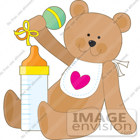 #33537 Clipart of a Baby Teddy Bear In A Bib, Shaking A Rattle And Sitting With A Bottle Of Formula by Maria Bell