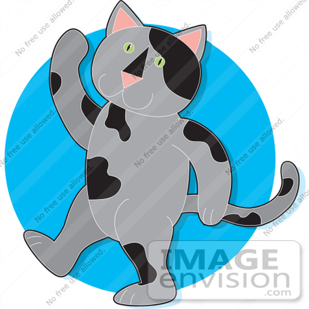 #33539 Clip Art Graphic of a Gray Cat With Black Spots, Walking On His Hind Legs And Waving by Maria Bell
