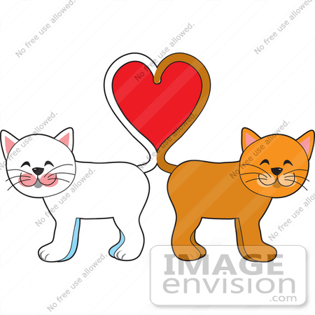 #33540 Clip Art Graphic of a Cute Pair Of Cats, One White, One Orange, Standing Back To Back, Forming A Red Heart With Their Tails by Maria Bell