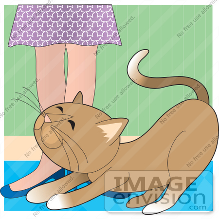 #33541 Clip Art Graphic of a Loving Brown Cat Rubbing Against A Woman’s Legs, Begging For Attention by Maria Bell