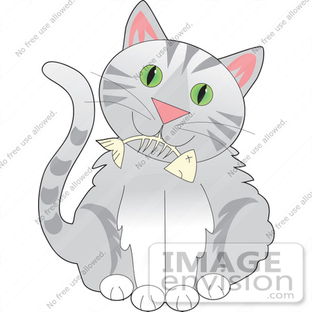 #33542 Clip Art Graphic of a Gray Striped Cat With Big Green Eyes, Holding A Fishbone In His Mouth by Maria Bell