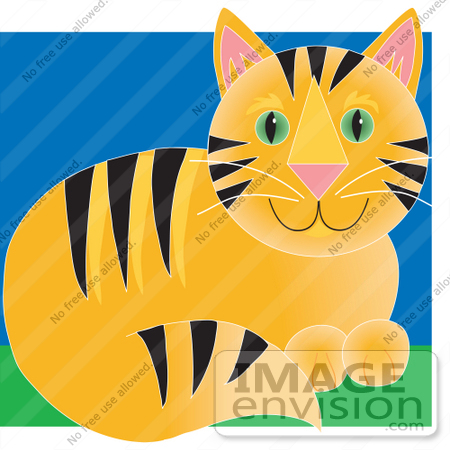 #33543 Clip Art Graphic of a Cute Orange Cat With Black Stripes And Green Eyes, Sitting In Grass by Maria Bell