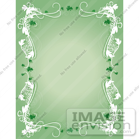 #33544 Clip Art Graphic of a St Paddy’s Day Stationery Sheet With White Scrolls and Green Shamrock Clovers Bordering a Green Background by Maria Bell