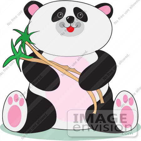 #33557 Clip Art Graphic of a Cute Baby Panda Bear Smiling While Eating Bamboo by Maria Bell