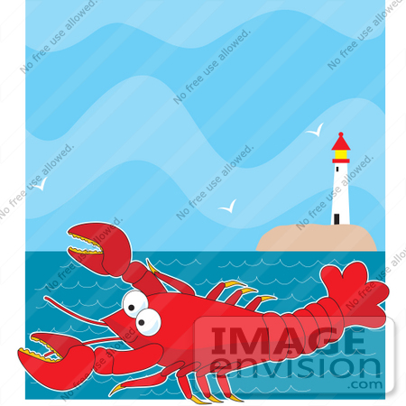 #33558 Clip Art Graphic of a Happy Wild Red Lobster Swimming Near A Lighthouse by Maria Bell