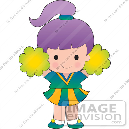 #33564 Clip Art Graphic of a Purple Haired Poppy Character Cheerleader Waving Pompoms by Maria Bell