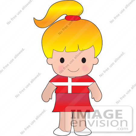 #33565 Clip Art Graphic of a Blond Haired Poppy Character Of Denmark, Wearing A Cultural Flag by Maria Bell