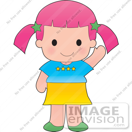#33568 Clip Art Graphic of a Pink Haired Poppy Character Waving by Maria Bell