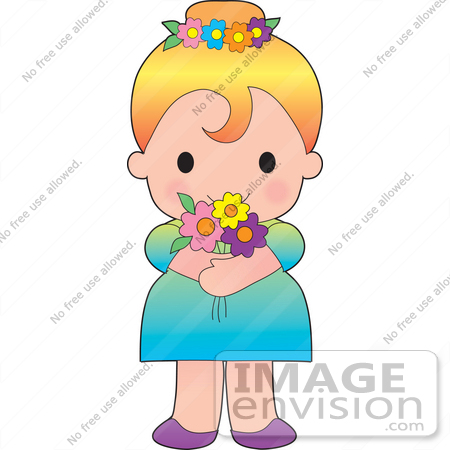 #33581 Clip Art Graphic of a Cute Blond Haired Poppy Character Girl Wearing Flowers In Her Hair And Holding A Bouquet by Maria Bell