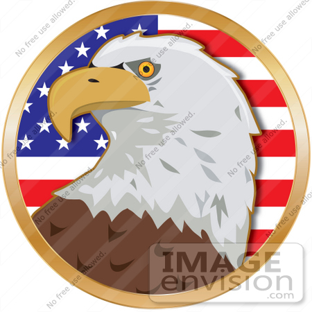 #33589 Clip Art Graphic of an American Bald Eagle Against An American Flag by Maria Bell