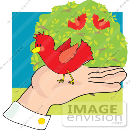 #33591 Clip Art Graphic of a Gentle Man’s Hand Holding A Red Cardinal Bird, Two Other Birds In The Background by Maria Bell
