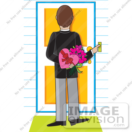 #33593 Clip Art Graphic of a Man Ringing A Door Bell And Holding A Box Of Chocolates And Flowers On Valentines Day by Maria Bell