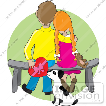 #33594 Clip Art Graphic of a Cute Child Couple Sitting On A Bench With A Teddy Bear, A Dog Sniffing The Valentines Day Chocolates That The Boy Is Holding by Maria Bell